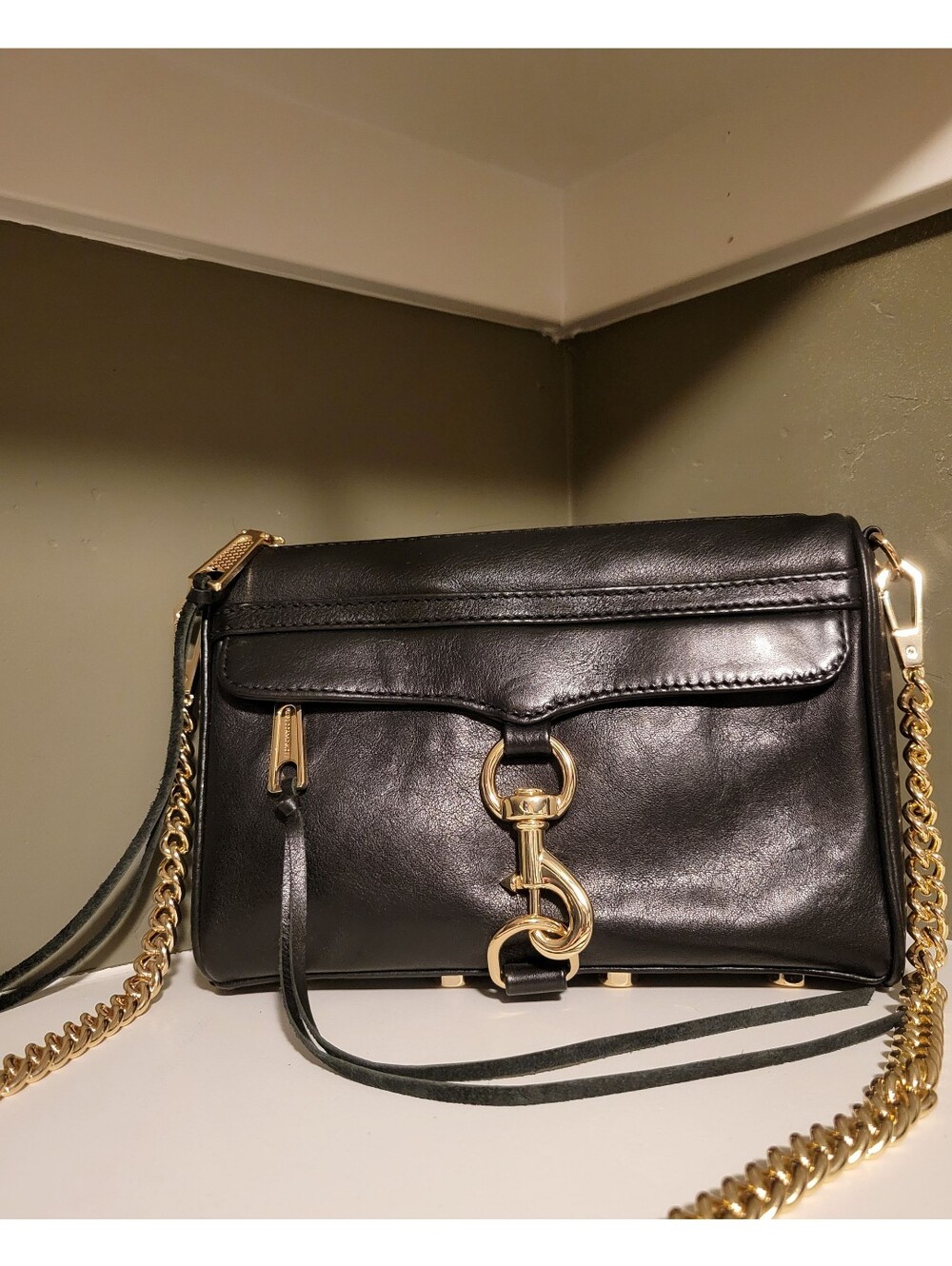 Rebecca Minkoff Mini MAC Black Leather Gold Chain Crossbody Bag